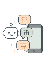Chatbot and smartphone with shopping icons, showing ecommerce trends in conversational commerce and customer engagement.